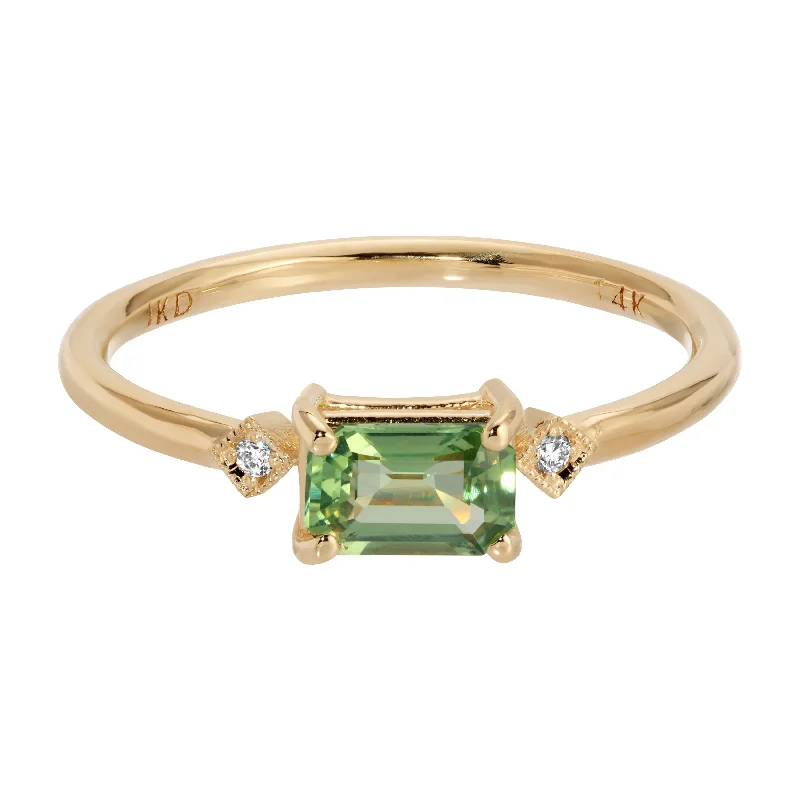 Rings with floral halo diamond arrangements -Emerald Cut Green Sapphire Square Deco Ring