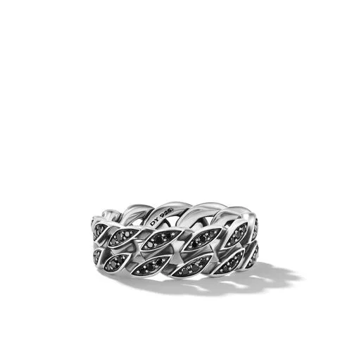 Rings with rough sapphire for rugged chic -Curb Chain Band Ring in Sterling Silver with Black Diamonds, 8mm