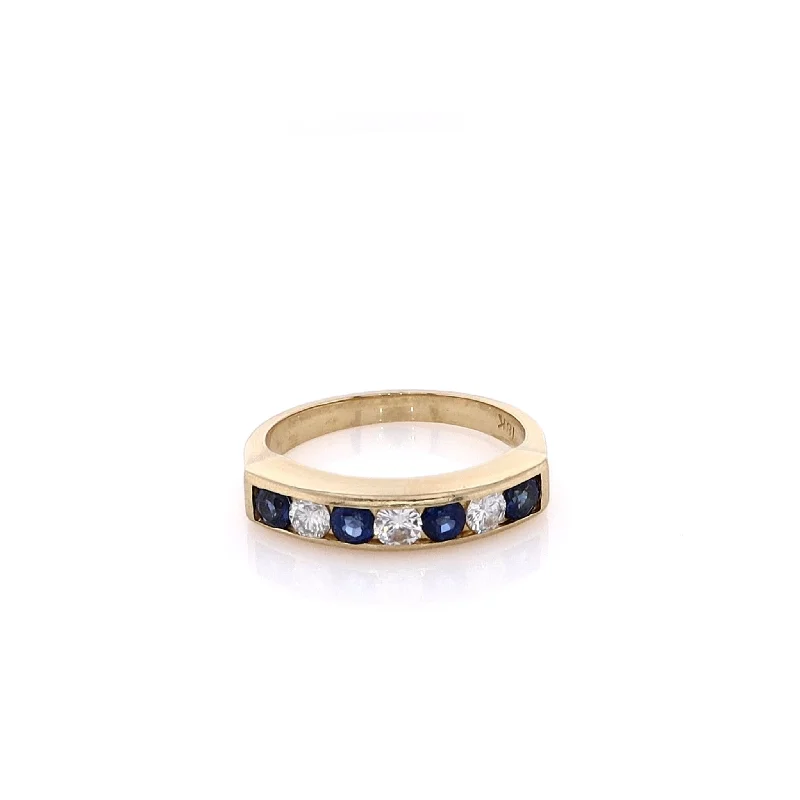 Rings with rough moonstone for natural beauty -Estate 18 Karat Yellow Gold Alternating Blue Sapphire and Diamond Wedding Band