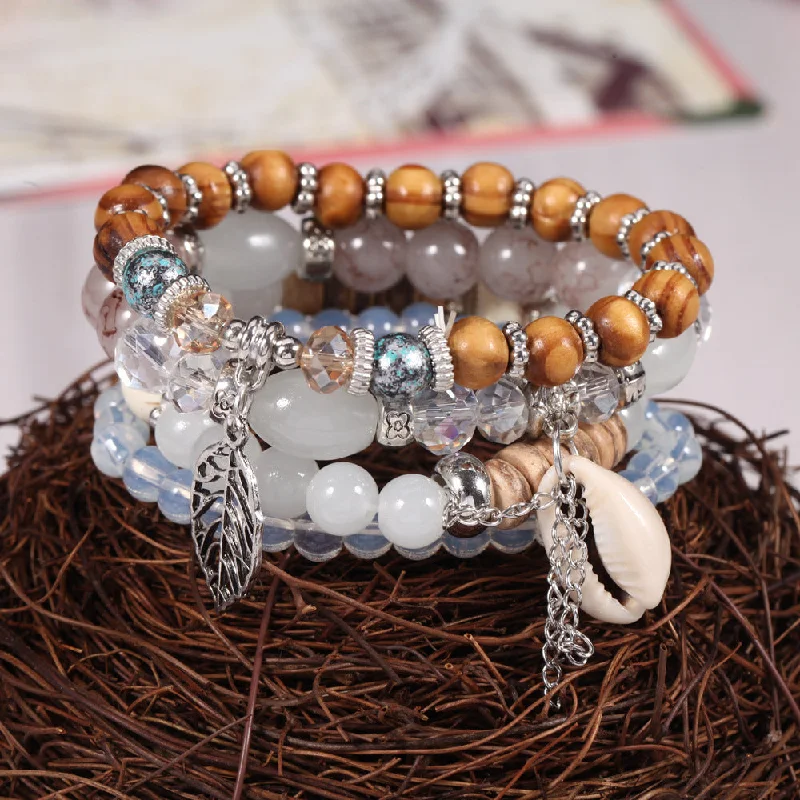 Bangles with tiger eye bands for warmth -Wholesale Vacation Colorful Diamond Beaded Leaf Shell Imitation Crackle Stone Bracelet