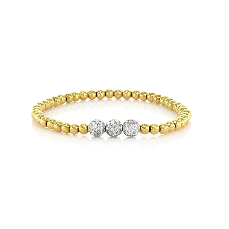 Bangles with chunky designs for statement wear -Gold Stretch Beaded Bracelet with Triple Silver CZ Pave Spheres