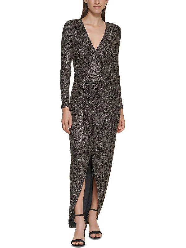 A-line Dresses for Flattering -Petites Womens Metallic V-Neck Evening Dress