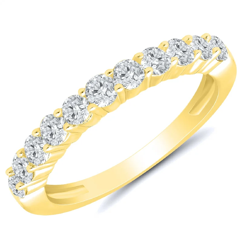 Rings with hammered silver for rustic appeal -14K Yellow Gold 0.75ctw Round Diamond Eleven Stone Wedding Band