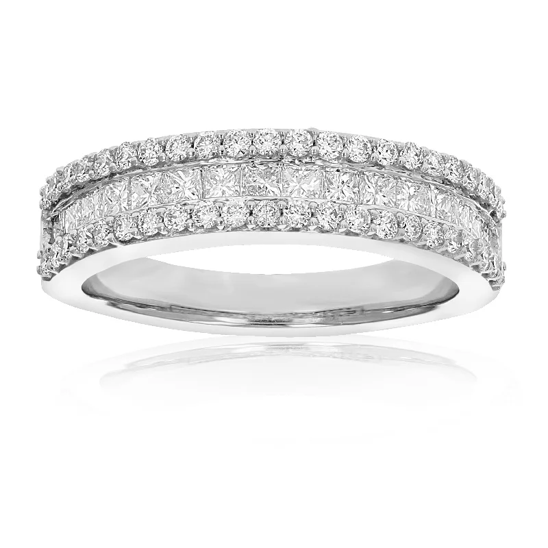 Rings with crescent moon for lunar charm -1 cttw Princess and Round Diamond Wedding Band in 14K Gold Multi Row Bridal