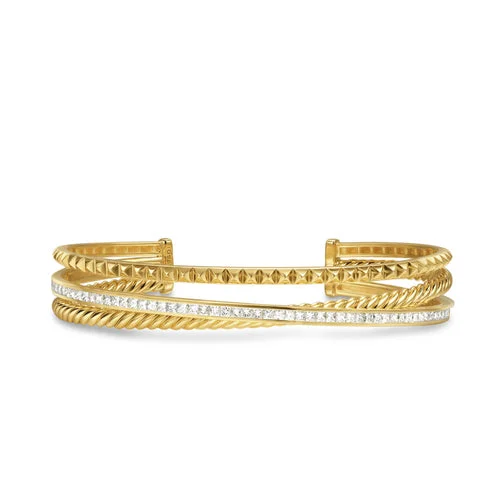 Bangles with personalized initial charm engravings -Crossover Trio Three Row Cuff Bracelet in 18K Yellow Gold with Diamonds, 11mm, Size Medium