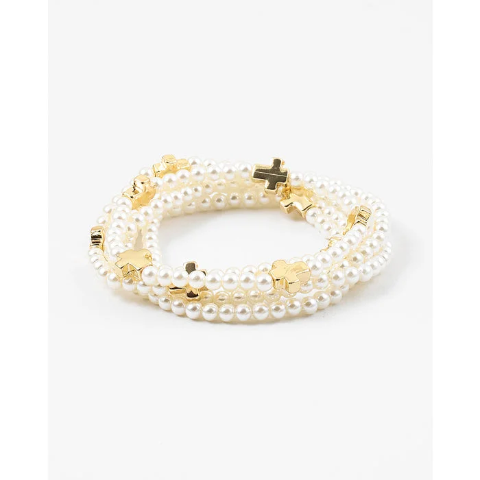 Bangles with rose-cut gems for vintage -Pearl + Gold Cross Elastic Bracelet Set