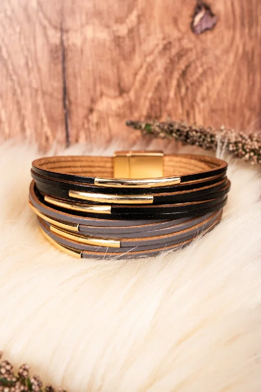 Bracelets with tiger eye for warm bands -Crystal Avenue Goldtone Brown and Black Multi-Strand Magnetic Bracelet