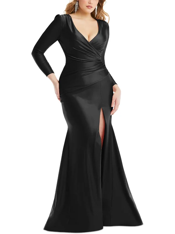 Party Dresses for Celebration -Womens Ruched Long Sleeves Evening Dress