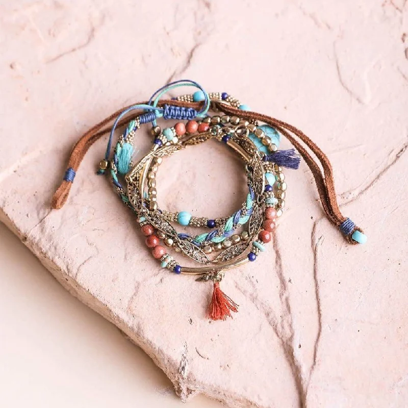 Bangles with personalized initial charm engravings -Turquoise Stackable Suede Bracelet | Mixed Beads & Natural Stone Bohemian Style Fashion Jewelry