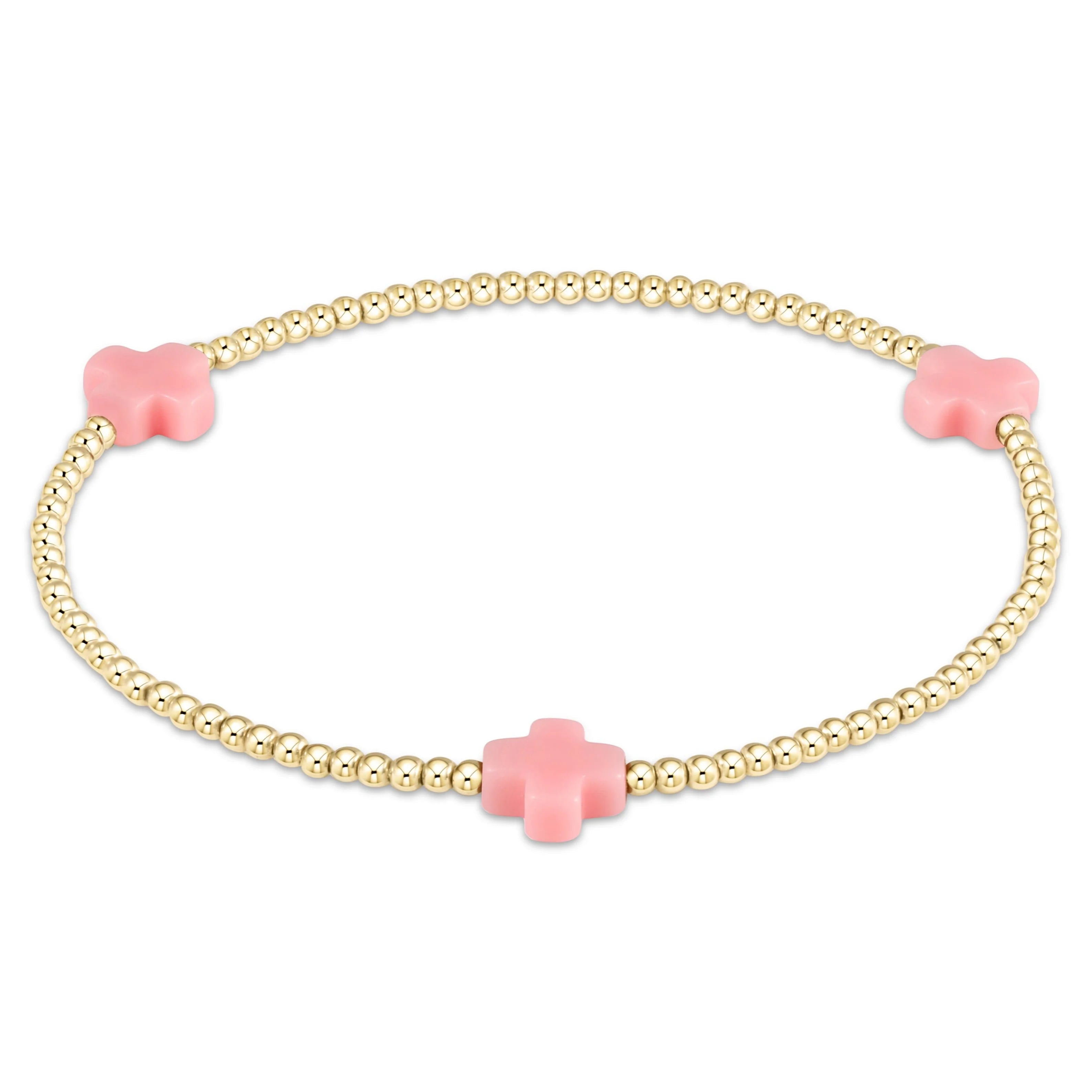 Rose gold bangles with geometric cutout designs -Signature Pink Cross Gold Pattern 3mm Bead Bracelet-E.N