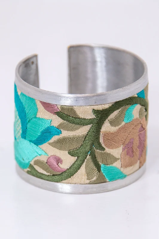 Bangles with personalized initial charm engravings -Turquoise/Multi Color Floral Cuff Bracelet - BRC3370TU