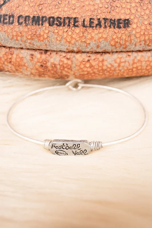 Bracelets with engraved messages for sentiment -Crystal Avenue Football Yall Silvertone Wire Bracelet