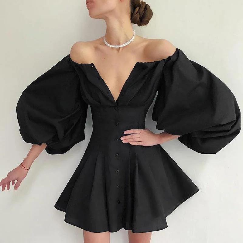 Elastic Dresses for Fit -Puff sleeve one-shoulder dress slim solid color skirt