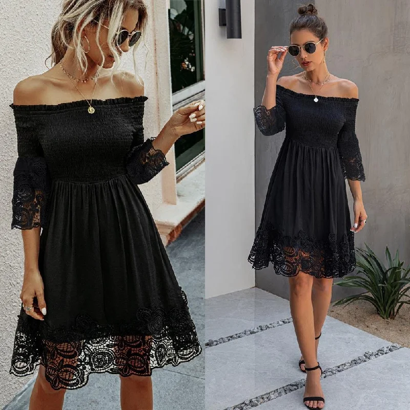 Striped Dresses for Fashionable -One-shoulder backless solid color lace dress