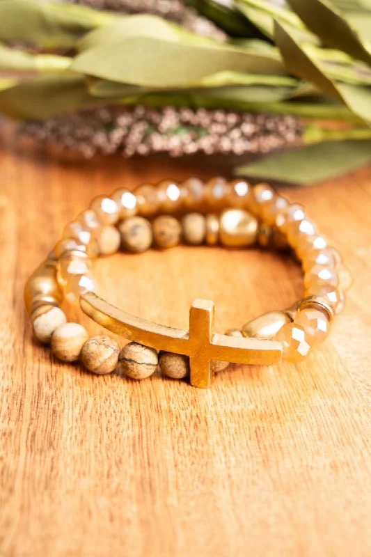 Bracelets with smoky quartz for muted tones -Crystal Avenue Find Your Way Brown Beaded Cross Bracelet Set