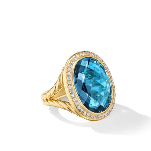 Rings with peacock ore for iridescent glow -Albion Oval Ring in 18K Yellow Gold with Hampton Blue Topaz and Diamonds, 21mm