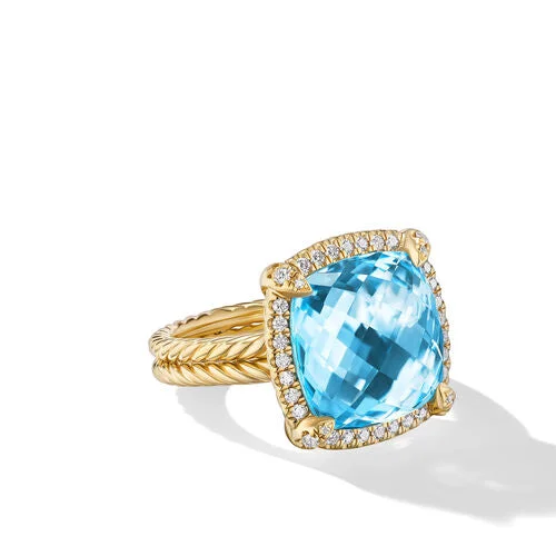 Rings with birthstone clusters for personalization -Chatelaine Pavé Bezel Ring in 18K Yellow Gold with Blue Topaz and Diamonds, 14mm