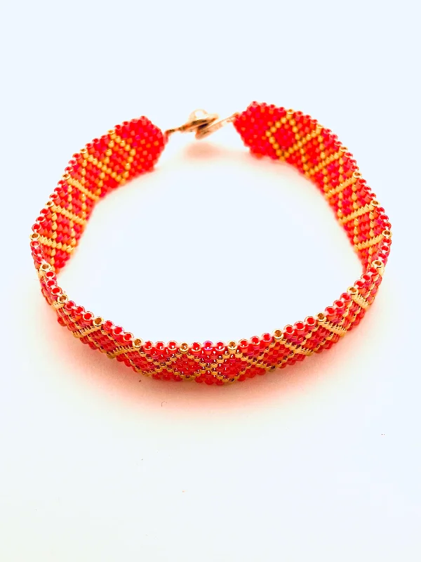 Bangles with herkimer diamonds for raw clarity -Beaded Diamond Bracelet, Red and Gold