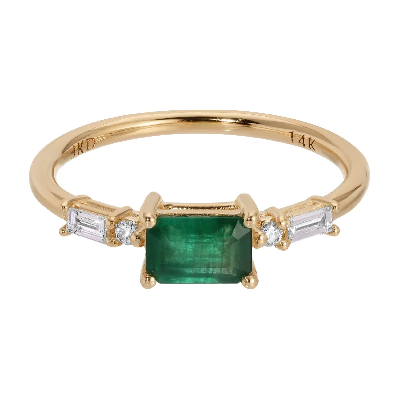 Chunky rings with hammered gold band texture -Emerald Cut Emerald Etude Ring