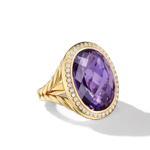 Rings with channel-set turquoise for color -Albion Oval Ring in 18K Yellow Gold with Amethyst and Diamonds, 21mm