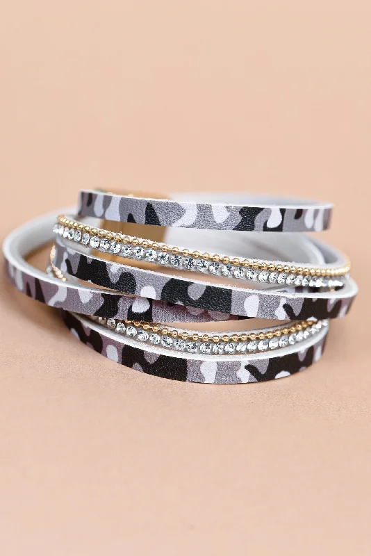 Bangles with vintage oxidized silver for charm -Gray/Camouflage/Bling/Wrapped Magnetic Closure Bracelet - BRC3102GR