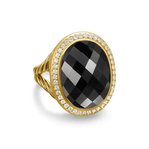 Rings with twisted rose gold band designs -Albion Oval Ring in 18K Yellow Gold with Black Onyx and Diamonds, 21mm