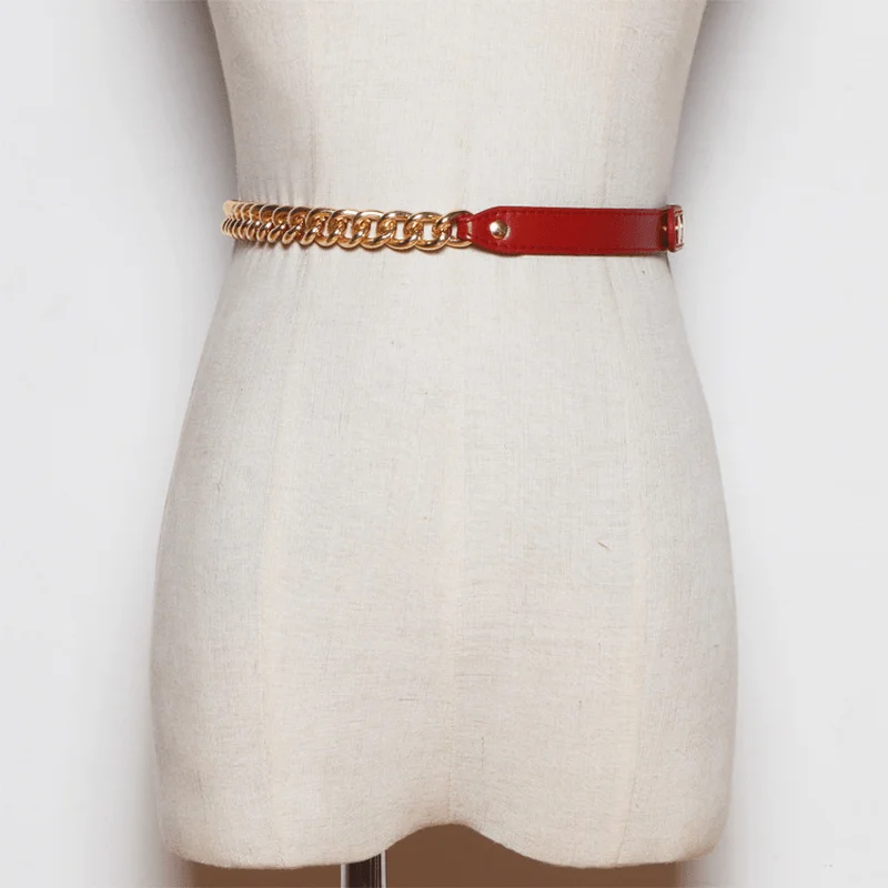 Sequined Dresses for Sparkle -Metal Chain Stitching PU Leather Belt Female Wild Belt Decoration Dress Shirt Waist Chain