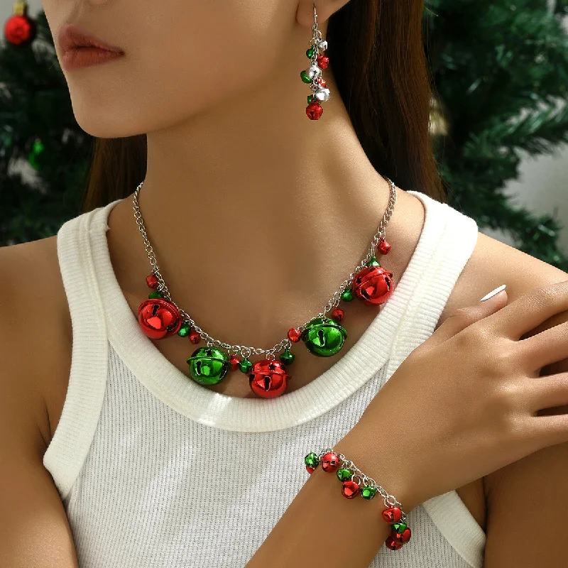 Bracelets with hematite for sleek metallic sheen -Wholesale Christmas Colorful Bell Bracelet Earrings Necklace Set