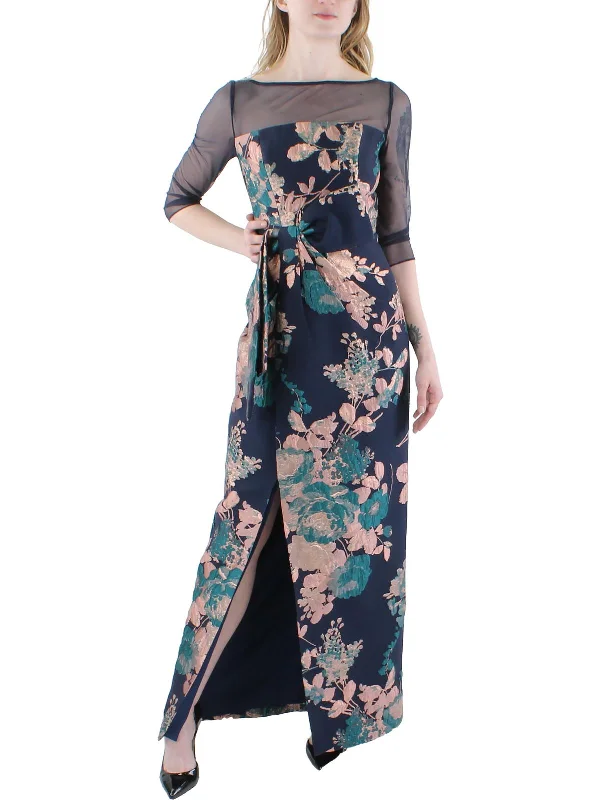 Beaded Dresses for Glamour -Womens Floral Metallic Evening Dress