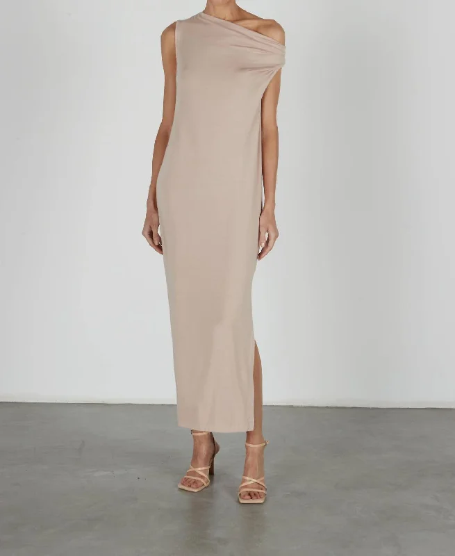 Belted Dresses for Shaping -Luxe Knit Exposed Shoulder Dress In Dk Nude