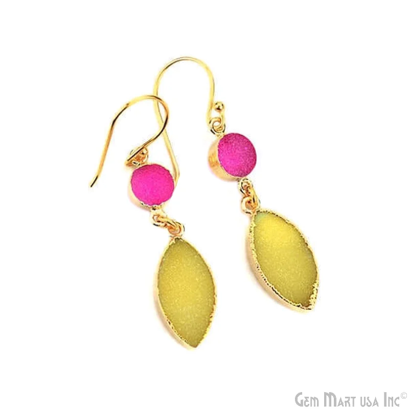 Rings with hexagon-cut stones for trendiness -Yellow & Pink Druzy 10x50mm Gold Electroplated Gemstone Dangle Earring