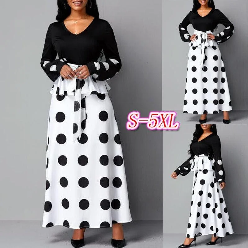 Christmas Dresses for Holiday -Women's mesh stitching high waist Polka Print Dress