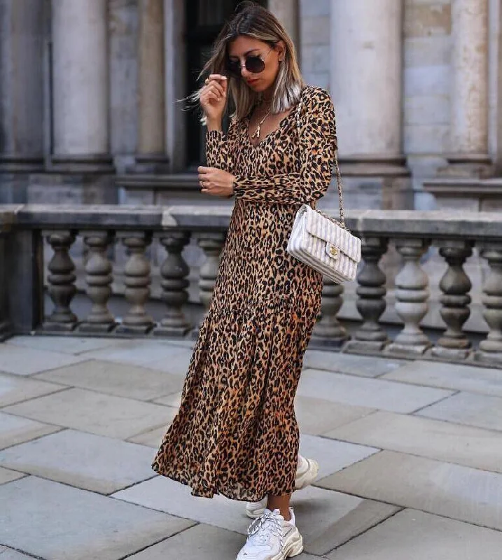 Ball Gown Dresses for Glamour -Leopard print V-neck casual dress