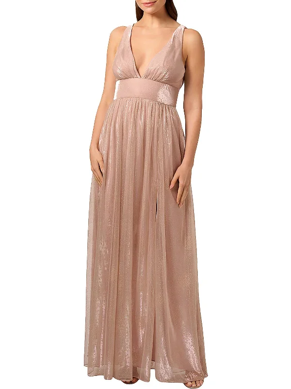 Low-waisted Dresses for Relaxed -Womens Metallic Plunging Neckline Evening Dress