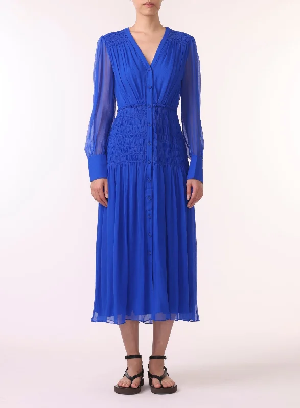 Solid Color Dresses for Simple -Long Sleeve V-neck Chiffon Dress W/smocking Detail