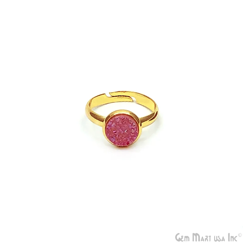 Rings with vine-wrapped bands for nature -Pink Druzy Round Gold Plated Adjustable Ring Size-7