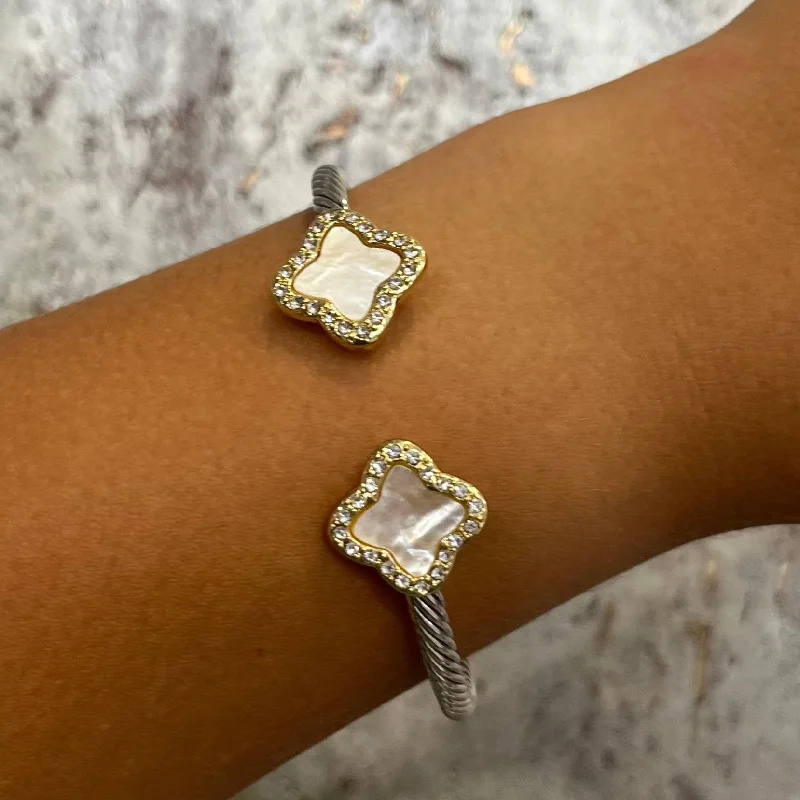 Bracelets with citrine stones for warm tones -Clara Clover Cuff White & Silver Bracelet