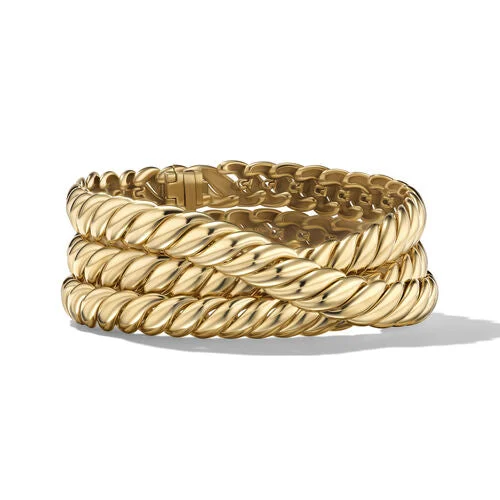 Bangles with hammered silver for rustic appeal -Sculpted Cable Triple Wrap Bracelet in 18K Yellow Gold, 8.5mm, Size Medium