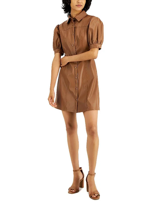 Work Dresses for Professional -Womens Faux Leather Puff Sleeves Shirtdress