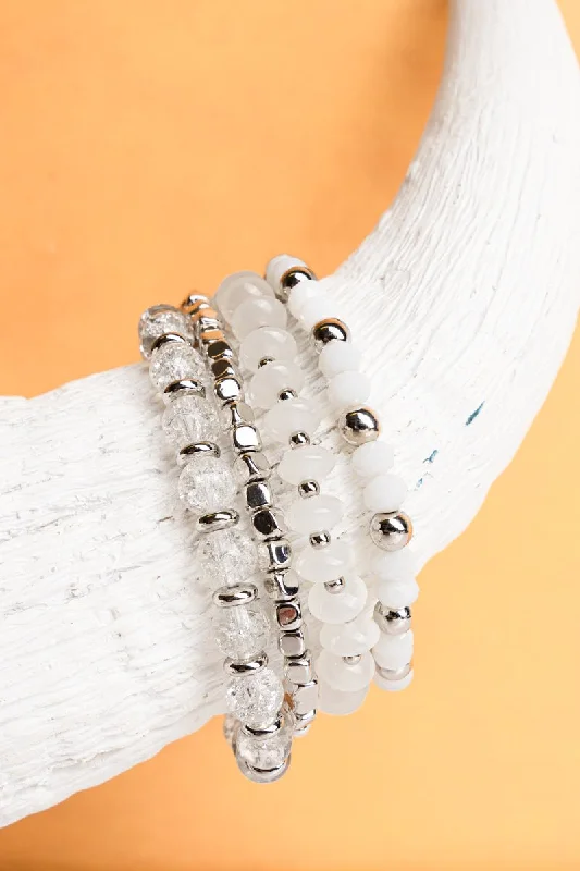 Vintage bangles with intricate filigree metalwork -Sonoma Saturday White and Silvertone Beaded Bracelet Set