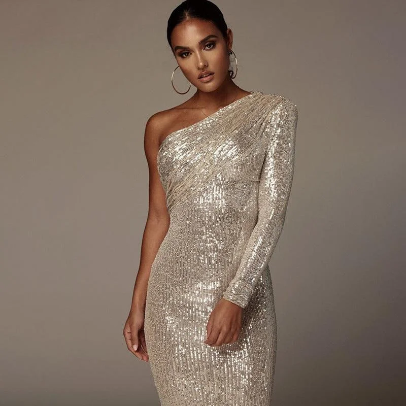 High-waisted Dresses for Flatter -One-Shoulder Strapless Waist Sequined Shiny Catwalk Stage Dress