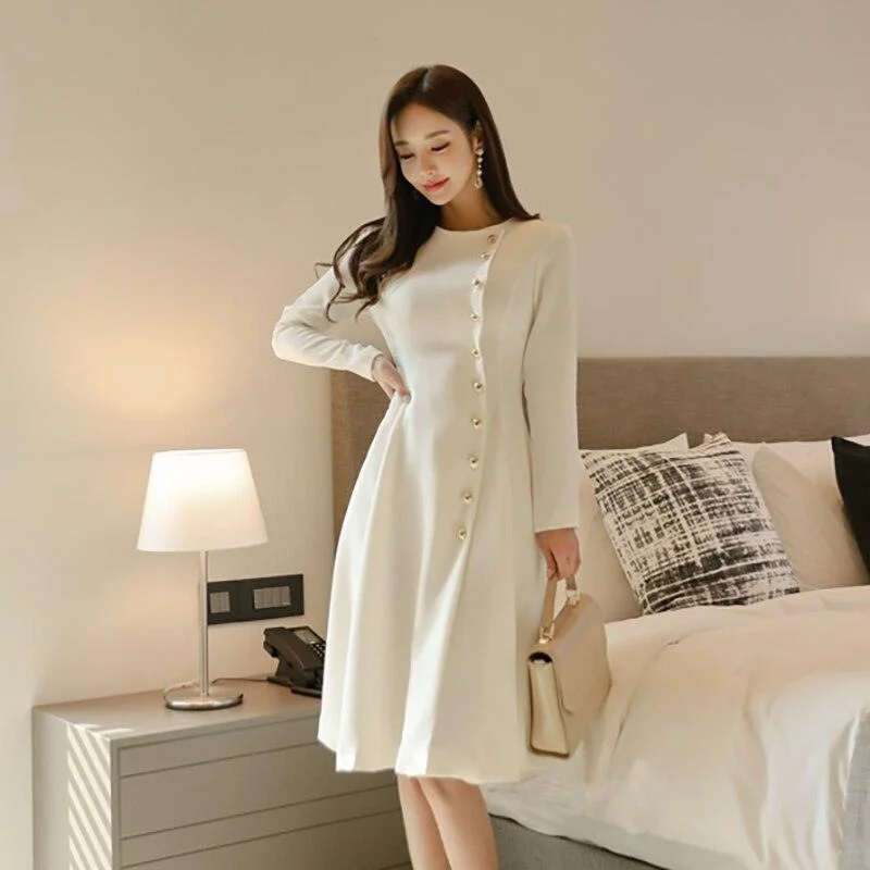 Tie-up Dresses for Decorative -High-quality button waist mid-length dress