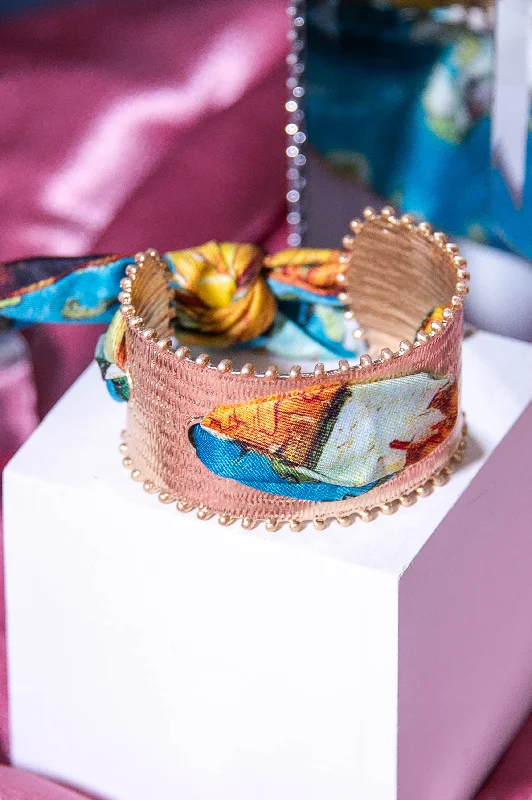 Bracelets with faceted aquamarine for sea glow -Yellow/Multi/Gold Printed Fabric/Texture Cuff Bracelet - BRC3436YE