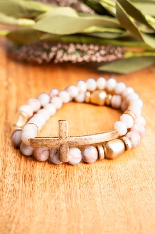 Bracelets with woven leather for rustic style -Crystal Avenue Find Your Way Peach Beaded Cross Bracelet Set