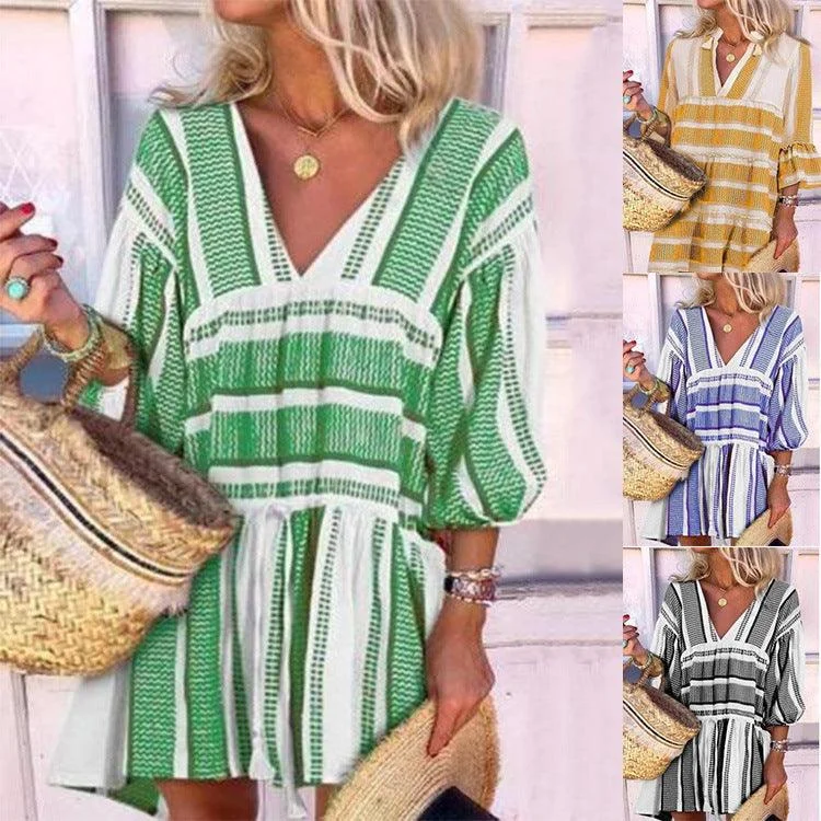 Party Dresses for Celebration -Striped print V-neck three-quarter sleeve dress