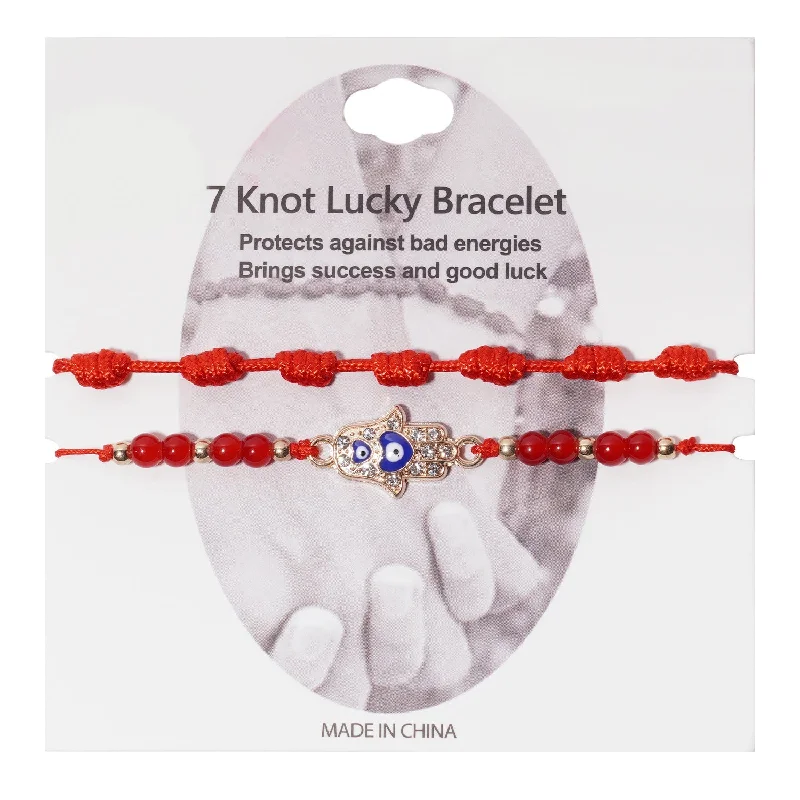 Bracelets with spiral designs for eye-catching twist -Heart Evil Eye & 7 Knot String Bracelet