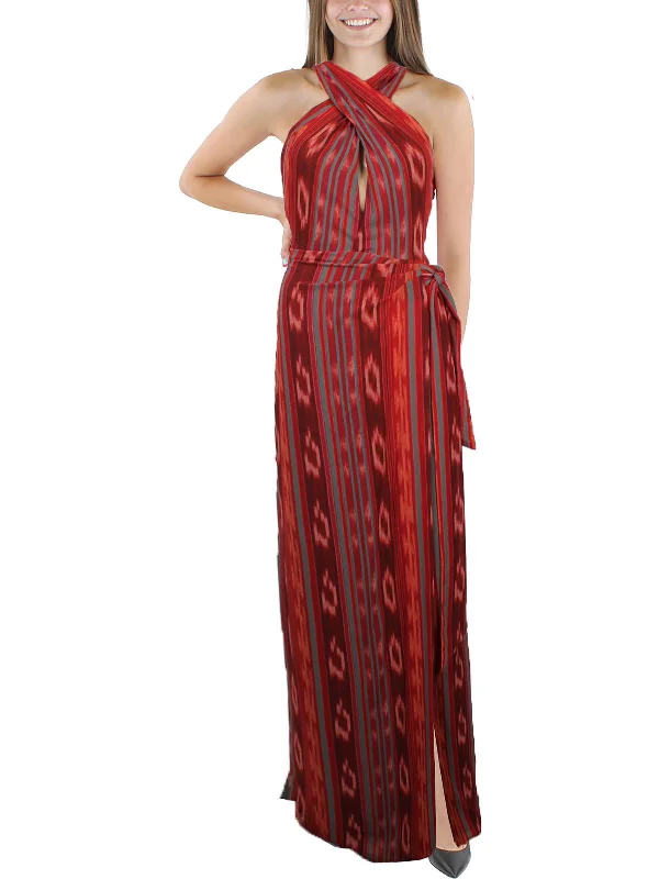 Midi Dresses for Versatile Wear -Womens Striped Halter Evening Dress