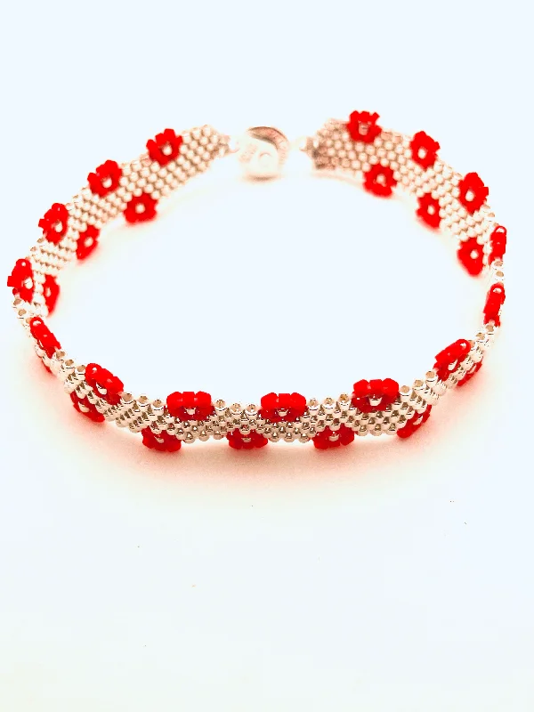 Bangles with faceted garnet for deep shine -Beaded Flower Edge Bracelet, Red and Silver