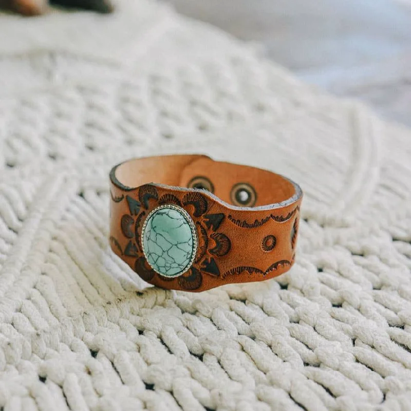 Bracelets with engraved constellations for stargazers -Boho Turquoise Stone Camel Leather Cuff Bracelet | 100% Leather Western Vibe