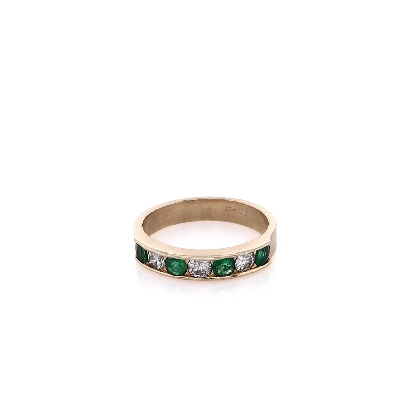 Rings with channel-set turquoise for color -Estate 14 Karat Yellow Gold Alternating Diamond and Emerald Wedding Band